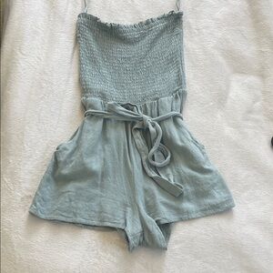 Pale Blue Smocked Tie-Waist Romper